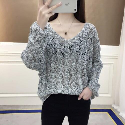 Summer new V-neck loose Korean hollow out bat sleeve temperament ol knitting autumn and winter base sleeve for women
