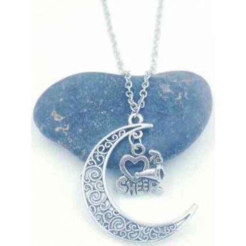 1pcs New Crescent Moon & I Love Cheering Pendant Charms Metal Chain Necklace ~ New Fashion Cheerleading Gift