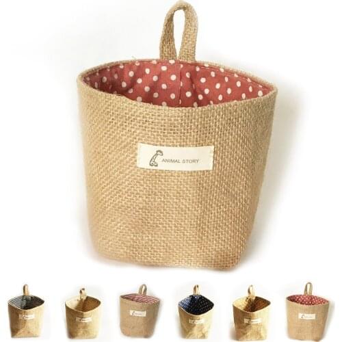 1pcs Home Decor Stripe Hanging Pocket Small Sack Sundries Organizer Cosmetic Organiser Cotton Linen Storage Bag Storage Baskets