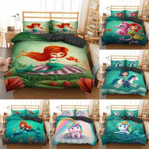 2021 3D Cartoon Mermaid Bedding Set for Kids/Baby/Boy/Girl Unicorn Unicorn Luxury Duvet Cover Set Pillowcase Bed Linen