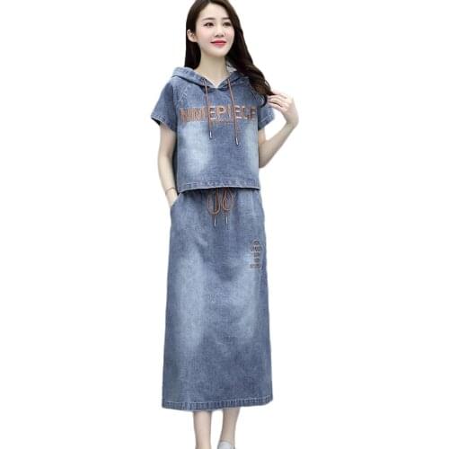 2021 New Womens Dress Plus Size Summer Short Sleeve Hooded Pullover Coat Two-Piece Denim Skirt Womens Cowboy Dresses Suit 3XL