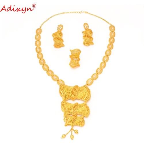 Adixyn Luxury Gold Color Necklace Earrings Ring Jewelry set for Bridal Wedding Women Engagement Arab Jewelry N1021I3