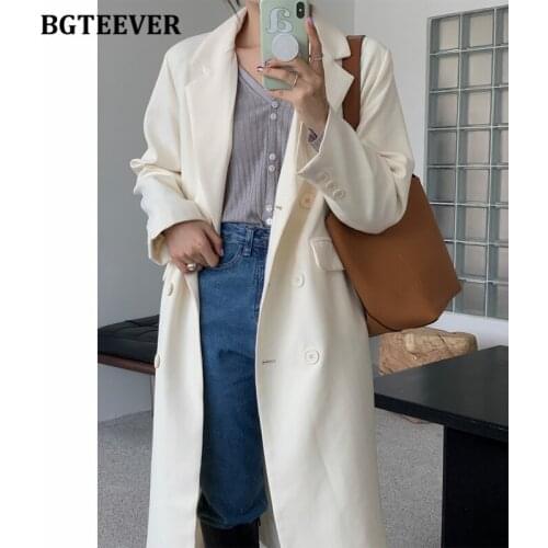 BGTEEVER Autumn Winter Vintage Notched Collar Women Long Jacket Fashion Double Breasted Lace-up Female Suit Blazer 2021