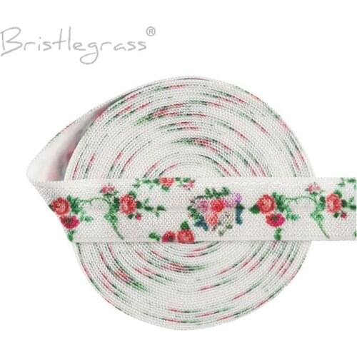BRISTLEGRASS Wholesale 50 Yard 5/8" Rose Flower Leaf Print Fold Over Elastics FOE Spandex Satin Bands Hair Tie Dress Sewing Trim
