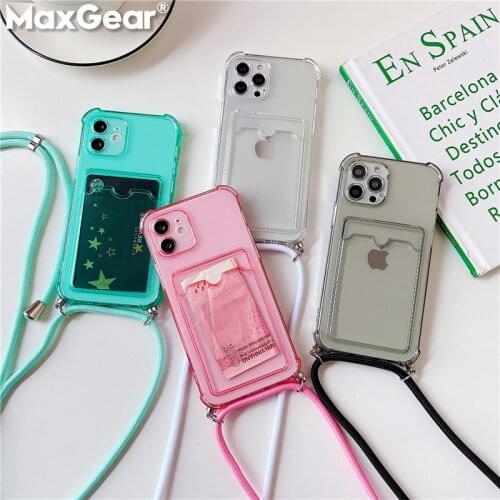 Hang Neck Strap Cord Lanyard+Card Holder Case For iPhone 12 Pro Mini 11 XS Max 8 7 Plus X XR SE 2020 Shockproof Protection Cover