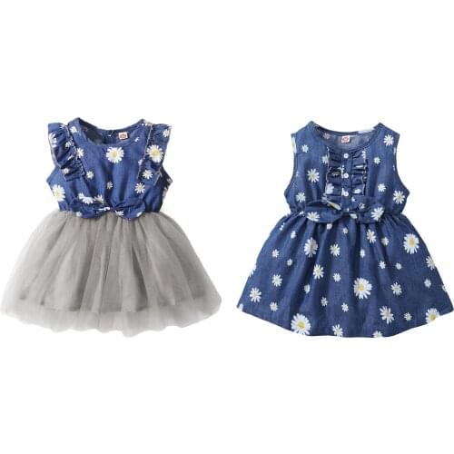Summer Children Daisy Print Denim Dress with Bow-knot Girls Sleeveless Round-neck High Waist Sundress with Ruffles