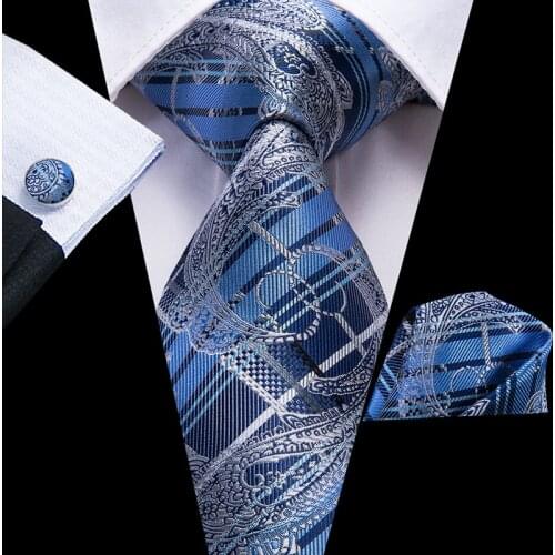Men Designer Ties Blue Paisley Tie Plaid Necktie Set Pocket Square Cufflinks Cravat for Wedding Business Tie C-3261 Dropshiping