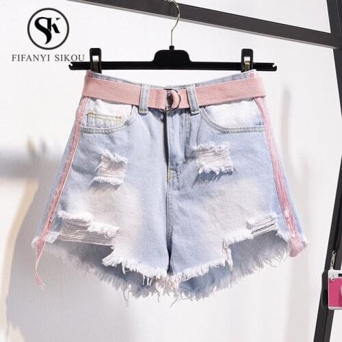 Fashion Ripped High waist Denim Shorts women Summer Casual Shorts Jeans women Loose Plus size 5XL Wide leg Short Pants With Belt