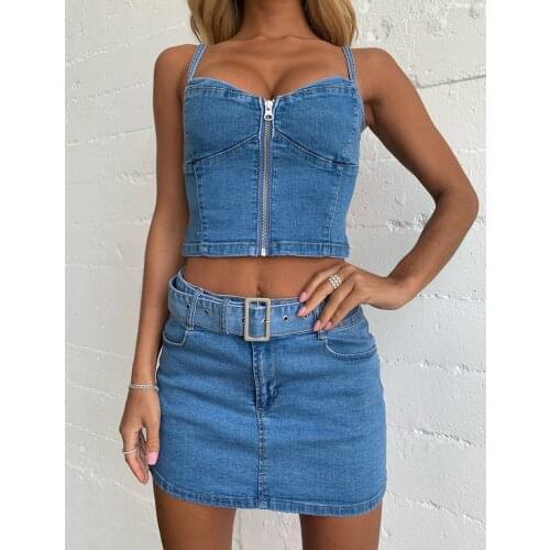 Summer Blue Denim Two Pieces Skirts Sets Women Jeans Streetwear Low Cut Straps Bustier Crop Tops+Mini Bodycon Skirts Club Sets