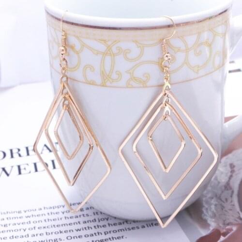 European American Exaggerated Personality Multilayer Hollow Rhombus Square Metal Earrings Geometric Pendant Fashion Brincos Punk