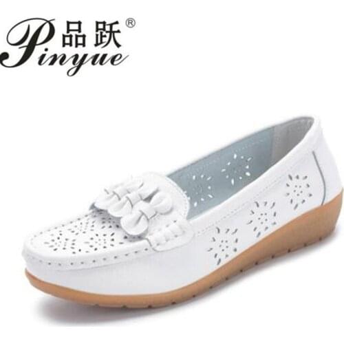 Women genuine leather shoes casual slip-on ballet women Flats Cut out Floral printing moccasins Ladies shoes white Summer