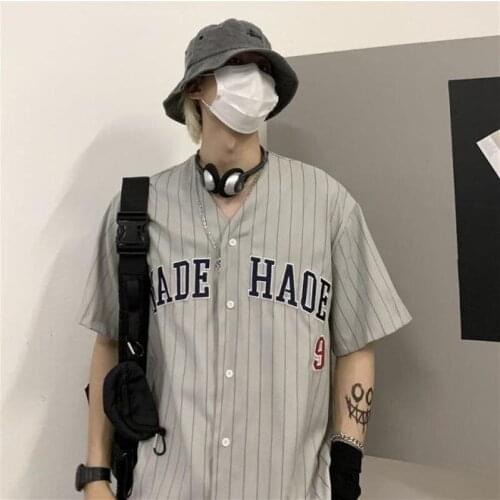 Hip Hop Gray Loose Single Breasted V Neck Men Shirts for Women Vintage Tops Summer Plus Size Clothes for Teens Baseball Uniform