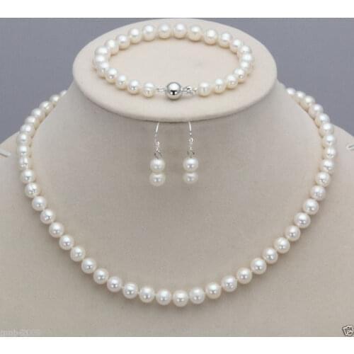Real 7-8mm Natural White Akoya Cultured Pearl Necklace Bracelet Earring Set
