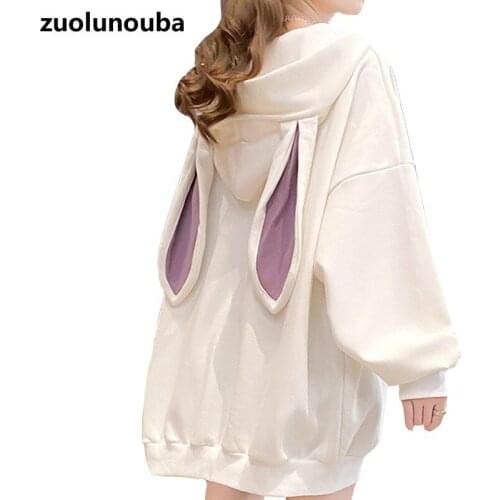 Autumn 2020 New Rabbit Ears Women Hoodie Korean Version Loose Casual Cartoon Cute Solid Color Pocket Mid-length Ladies Pullover