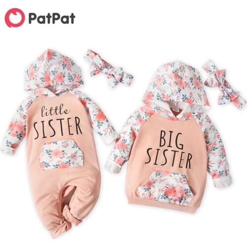 PatPat Letter and Floral Print Splice Hooded Long-sleeve Sibling Matching Pink Sets