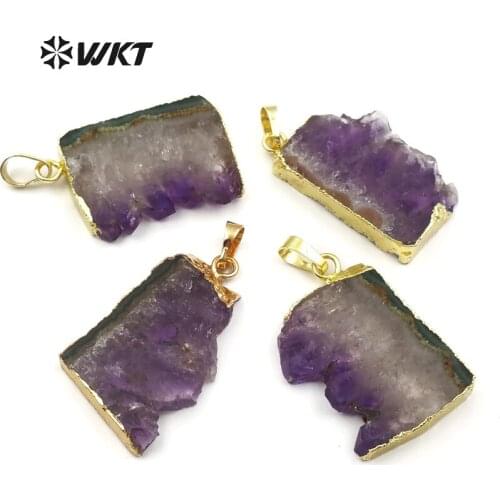 WT-P1435 WKT Natural raw purple slice stone pendant with gold rimmed nontarnishable in random wholesale 10pcs/lot free shipping