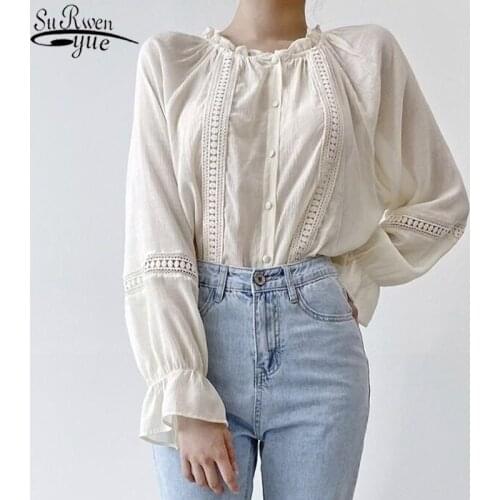 Sweet Flare Sleeve Apricot Color Casual Shirts Women New 2021 Autumn Ruffled Round Neck Lace Long Sleeve Womens Blouse 11450