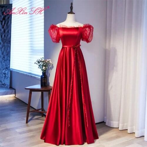 AnXin SH princess wine red satin lace evening dress vintage party ruffles boat neck beading bow puff sleeve a line evening dress