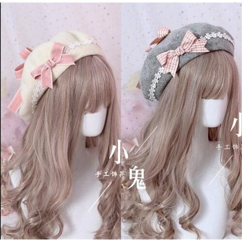 Japanese Lolita Hat French Beret Wool Hat Stripe Bow Tie Raised Grain Venonat Girl Women Classic Painter Cap B479