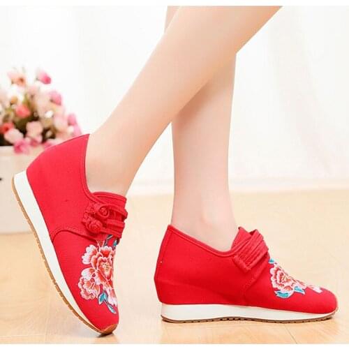 YourSeason Dual Buckle Hidden Platform Ladies Floral Embroidery Canvas Shoes Sneakers, Women Casual Denim Embroidery Creepers