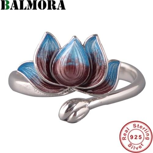 BALMORA 925 Sterling Silver Lotus Blue Enamel Open Rings for Women Lady Party Vintage Fashion Delicate Jewelry Anillos