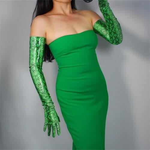 Snakeskin Extra Long Gloves 70cm Long Section Patent Leather Emulation Leather PU Bright Leather Animal Python Green Snake WPU40