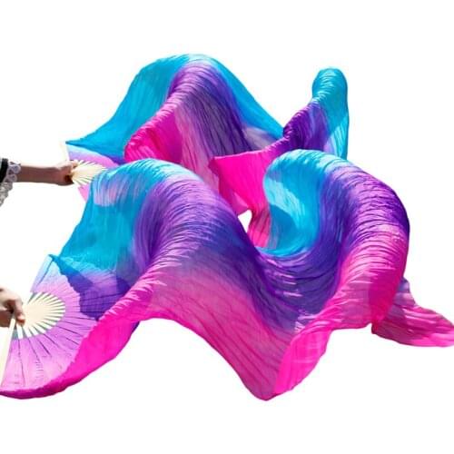 100% Silk Handmade Dance Fans 180x90cm 1 Pair Belly Dance Fans Dance Performance Silk Stripe Colors Turquoise+Purple+Rose Fans