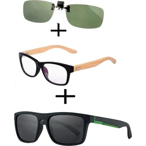 3Pcs!!! Comfortable Wood Squared Frame Reading Glasses Men Women + Alloy Polarized Sunglasses Pilot Driving + Sunglasses Clip