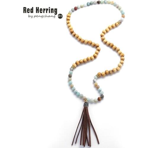 Free Shipping Fashion Wood Beads Amazonite Stones Bohemian Tribal Jewelry Long Tassel Necklace