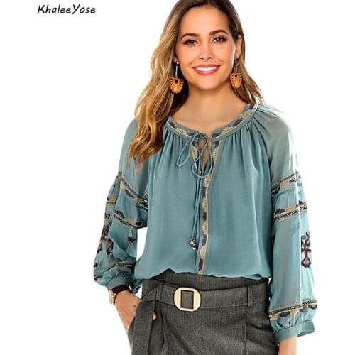 KHALEE YOSE Blue Floral Embroidery Blouses Shirt Silk Boho Spring Mexican Shirt Oversized Plus Size Lace Tie Up 2xl Ethnic Shirt