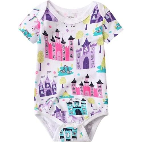Newborn Bodysuits Baby Girl Clothes Summer Short Sleeve Cute Cartoon Pink Print Infant Clothing