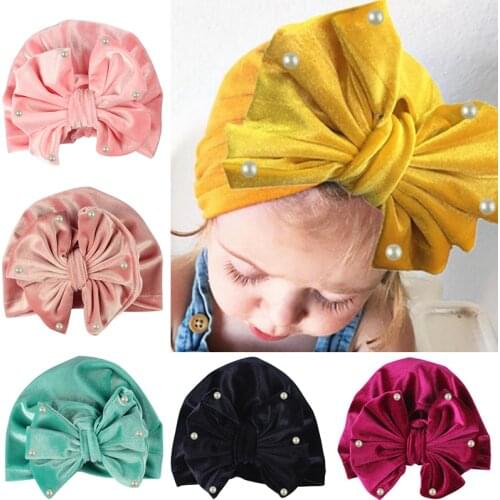 Big Bow Baby Hat Pearl Gold Velvet Bow knot Kids Toddlers Spring Winter Hat Turban Caps Beanie Bonnet Xmas Party Photo Props
