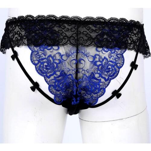 Breathable Men Floral Embroidery Lace Ruffles Briefs See-through Low Waist Sissy Underpants Bowknot Underwear Valentines Day New