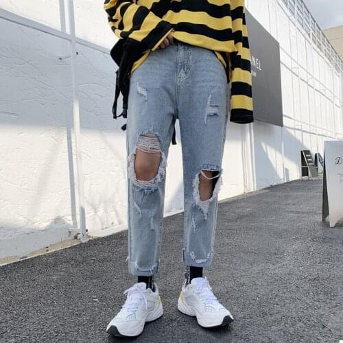 Summer Jeans Mens Slim Fashion Washed Solid Color Casual Hole Jean Pants Men Streetwear Wild Hip Hop Denim Trousers Mens