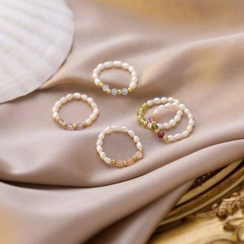 Minar Handmade Boho Colorful Crystal Simulated Pearl Rings Gold Color Metal Beads Ring for Women Wedding Party Jewelry Gift