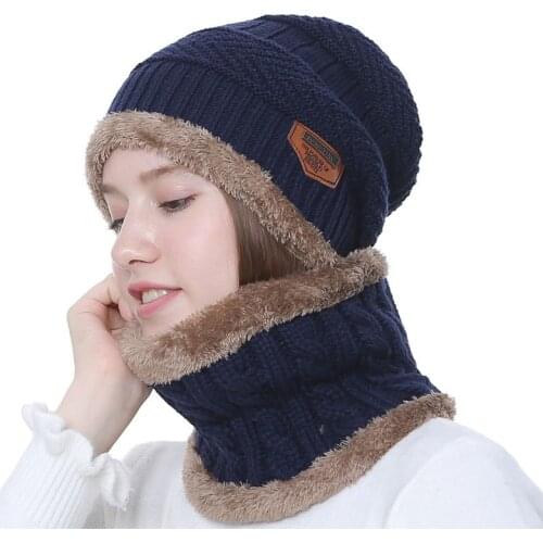 2018 Winter Hat Scarf Set Unisex Solid Knit Beanies Plus Velvet Hat Men Cap Women Warm Thicken Hedging Cap Ski Soft Ring Scarf