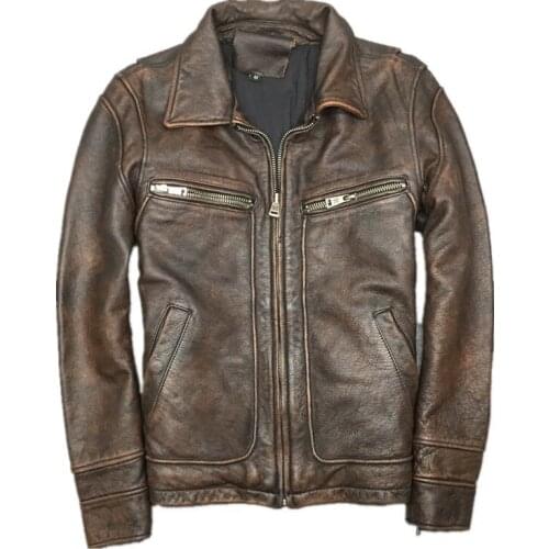 Genuine Leather Jacket Men Vintage Real 100% Natural Cow Leather Jackets Coats Vintage Autumn Winter Motocycle Male Plus Size