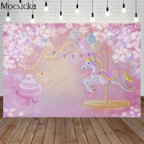 Mocsicka Carousel Birthday Background Cake Balloon Child Portrait Photo Party Decoration Banners Pink Photography Backdrop