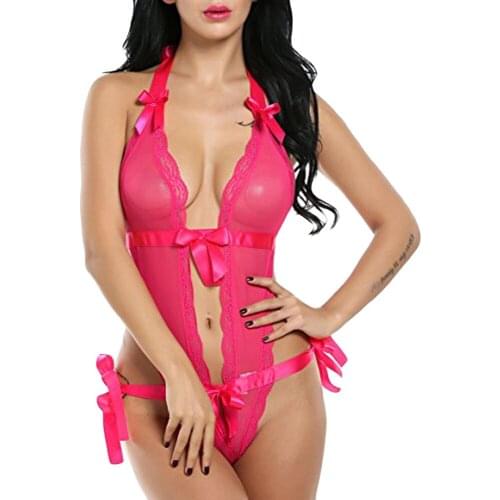 Fashion Women Sexy Exotic Apparel Lace Backless Bow Jumpsuit Sexy Lingerie Bodysuit Pajamas Ladies Underwear Lingerie Femme