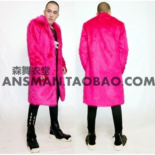 Fashion new NightClub Female Male singer long design fluorescent pink Fur outwear costumes stage show performance coat