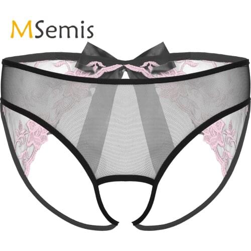 Mens Sissy Embroidered Crotchless Briefs Panties See-Through Mesh T-back Underpants Low Waist Bowknot Underwear