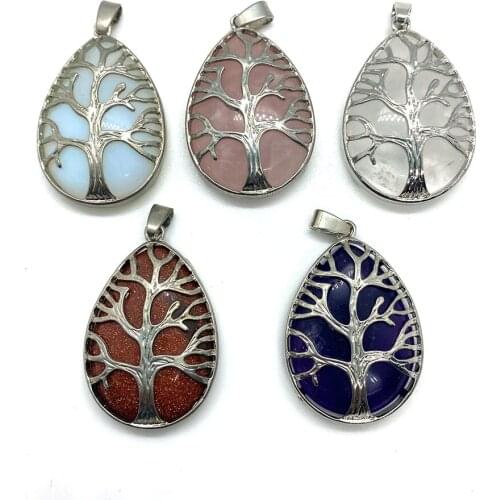 Natural Stone Charm Drop-shaped Golden Sandstone Amethyst Pendant Tree of Life Fashion Jewelry MakingDIY Jewelry Necklace26x40mm