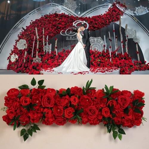 New 100cm custom artificial flower rose with green leaf flower row Wedding arch Background wall decor Home hotel table flower