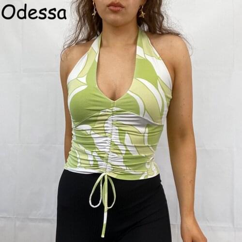 Odessa Summer Drawstring Print Halter Neck Crop Top Y2K Sexy Sleeveless Abstract Backless Vneck 90S Style Tees Women Green Tank