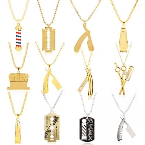 Barber Shop Tools Accessories Trinket 3D Barber Pole Razor Hair Dryer/Scissor/Comb Pendants Necklaces Men Women Necklace Gift