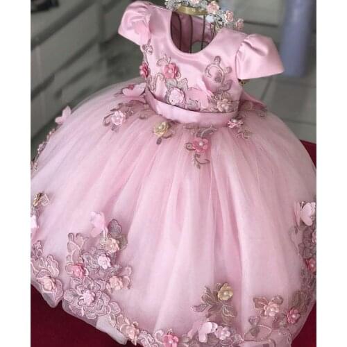 Pink flower girls dresses tulle emboridery flowers lace appliques short sleeve ball gown communion dresses