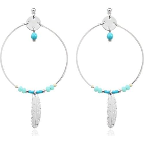 Retro Big Round Beads Natural Stone Leaves Sequin Pendant Earrings Gold Silvery Ethnic Style Handmade Women Chic Jewelry