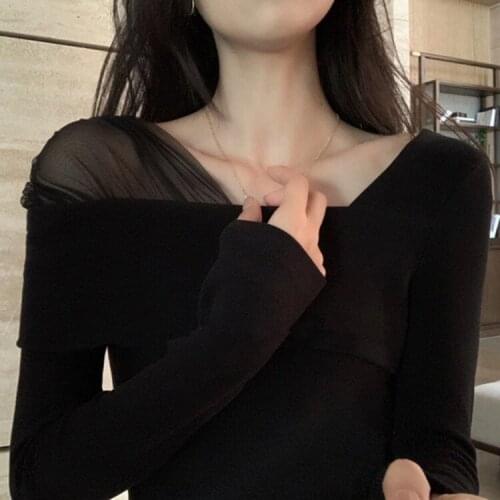 Chic Irregular Mesh Patchwork Design T-shirt Autumn New Elegant Slim Fit T Shirts Casual Fashion Women Pullovers