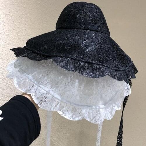 2020 Luxury White Black Lace Sun Hat Large Brim Dome Bucket Hat Women Elegant Summer Spring Outdoor Foldable Lace Fedora Cap