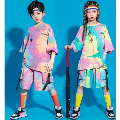 Modern Hip Hop Dance Costume Kids Tie-Dyed Tops Pants Multicolor Hiphop Suit Jazz Performance Clothing For Girls Boys BL5938